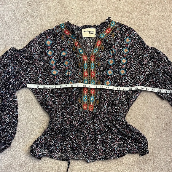 Savanna Jane Embroidered Peplum Boho Print Blouse Size S Black Pink Blue - Picture 6 of 7